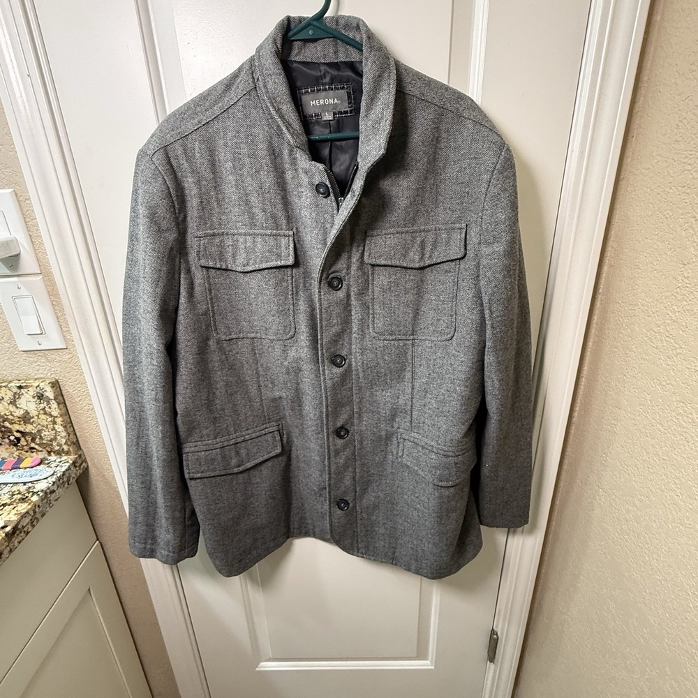 Merona Mens Large Gray Herringbone Field Jacket Zip Button Utility Coat L